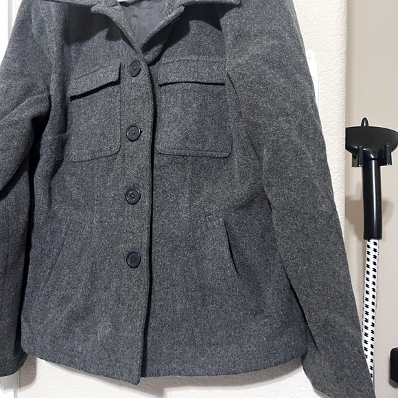 American Eagle Gray Wool Coat Jacket Womens Large Button Front Peacoat Military - Picture 2 of 7